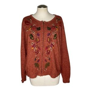 Erika & Co Rust Embroidered Zip Cardigan Sweater Floral Boho L